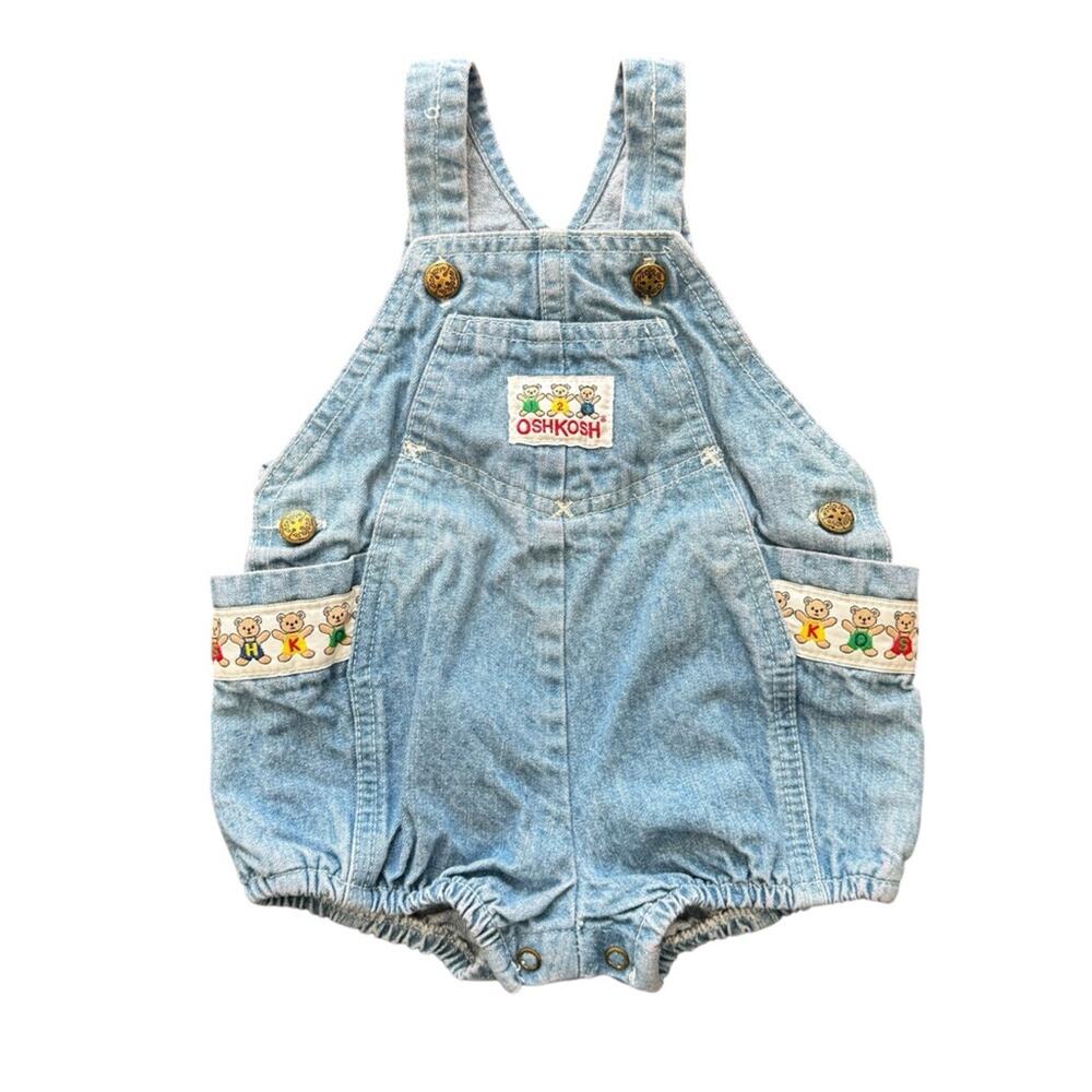 Vintage OshKosh B'Gosh Vestbak Denim Bubble Romper Teddy Bear Trim Size 12 M